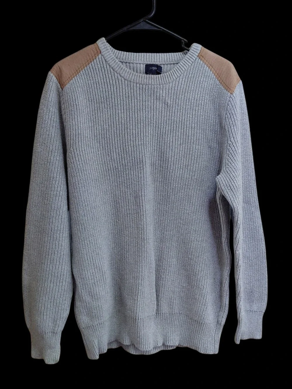 J. Crew Woodsmen Gray Crewneck Ribbed Sweater with Tan Shoulder Patches Size L